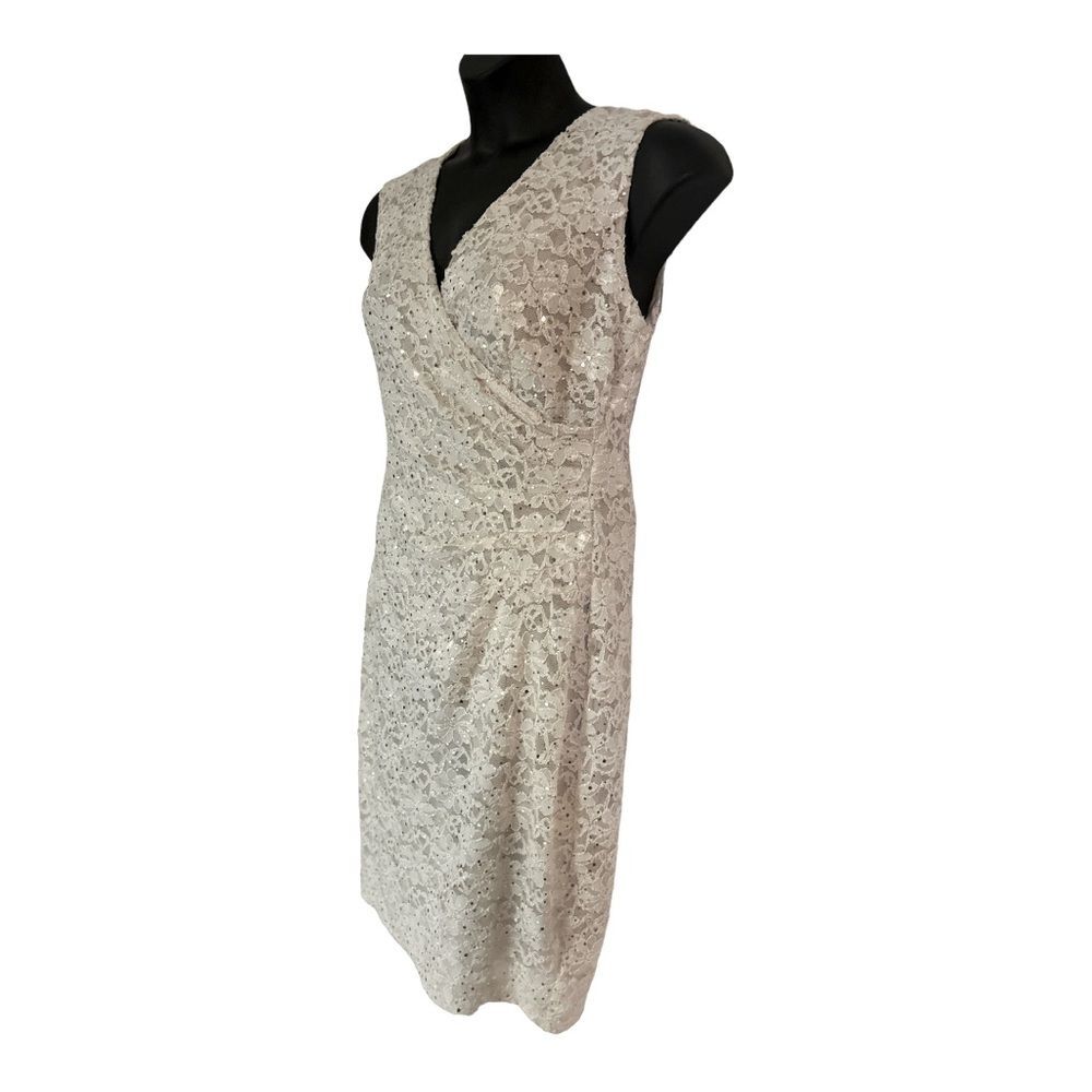 Connected Lace Sequin Side Pleat Ivory Knee Length Sheath Night Out Party Dress - Picture 6 of 16